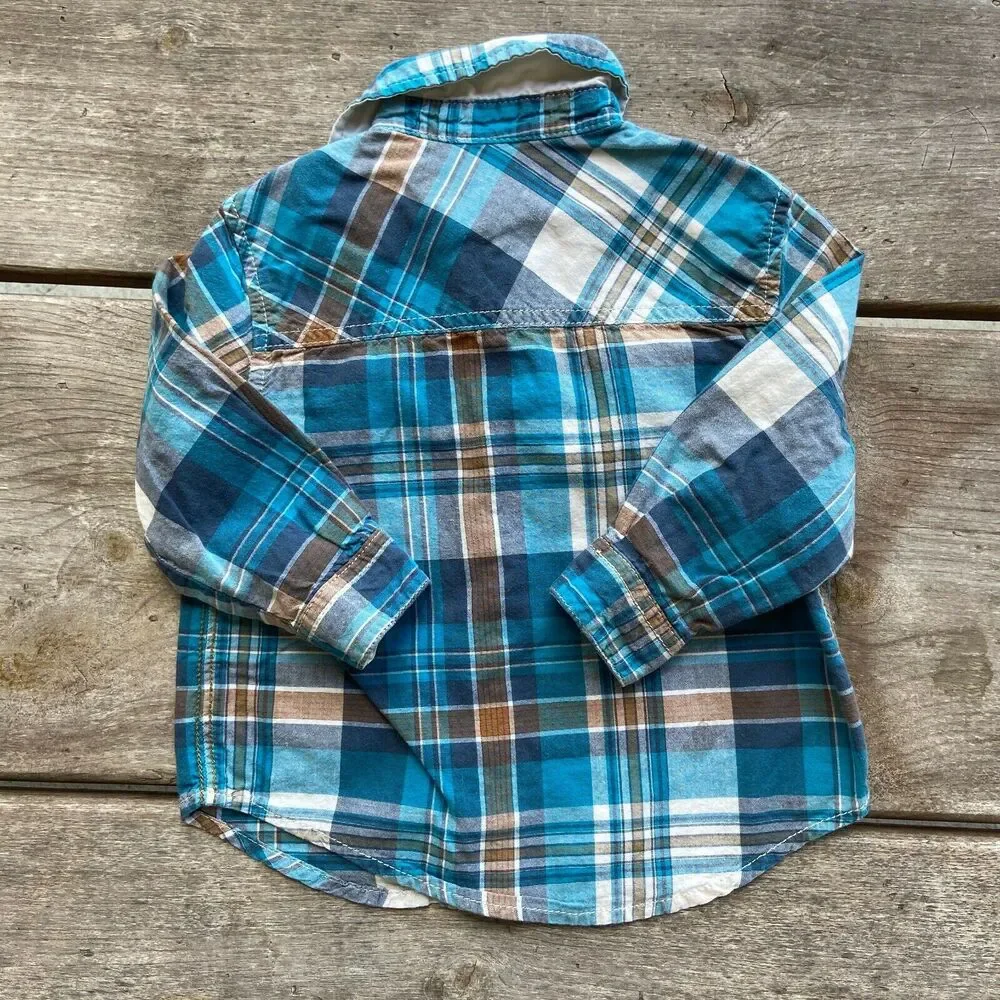 Genuine Kids‎ Boys Shirt Size 18 Months Blue Brown Plaid Button Up Pockets
